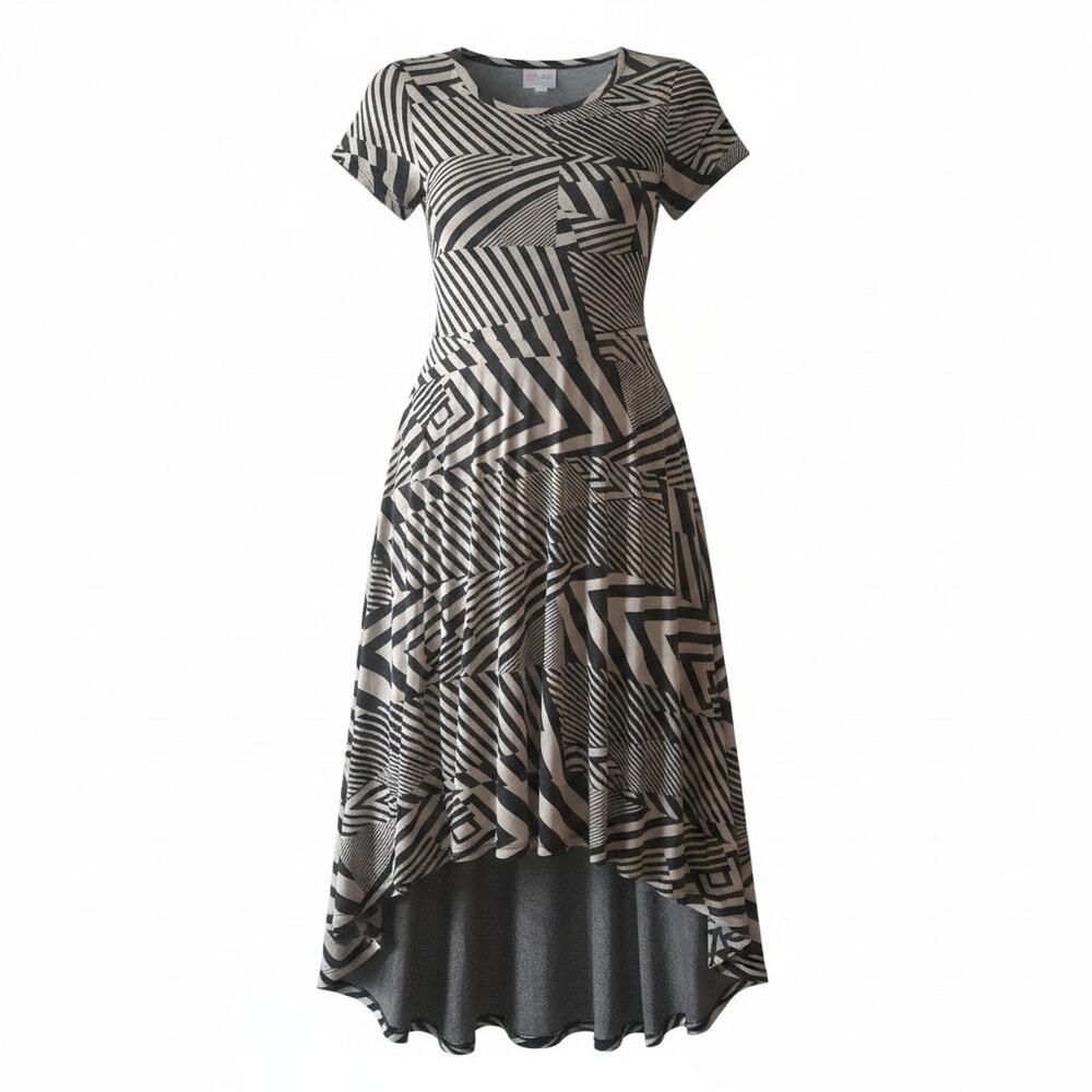 LuLaRoe CARLY High Low Dress Black/Cream Short Sleeve Scoop Neck Women Size XS